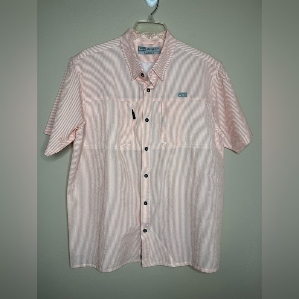 Drake Waterfowl Frat Seersucker Striped Salmon Short Sleeve Shirt Size Large